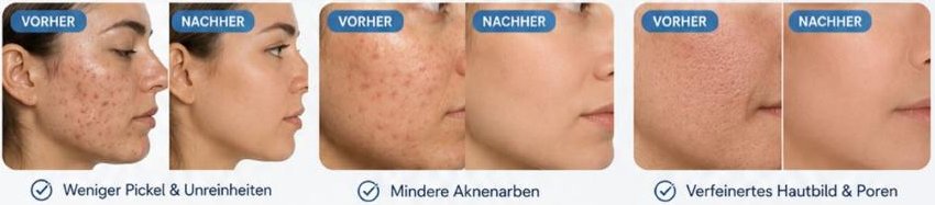 Akne, Aknenarben und Poren vorher und nachher – weniger Pickel, mildere Aknenarben, verfeinertes Hautbild